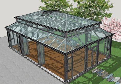 Modern Greenhouse Design, Architectural Greenhouse, Glass Greenhouse Attached To House, Modern Orangery, New Apartment Decorating, Greenhouse Attached To House, Glass House Garden, Contemporary Greenhouses, Simple Greenhouse