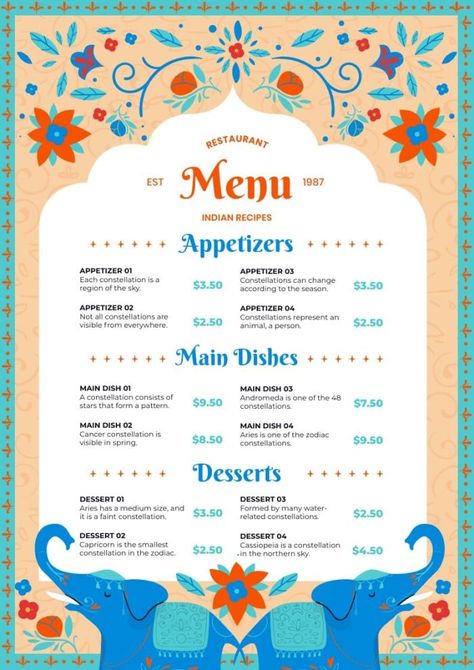 Hand-drawn Floral Colorful Indian Restaurant Menu Indian Menu Card Design Restaurant, Indian Food Menu Design, Indian Restaurant Menu Design, Indian Restaurant Branding, Menu Layout Design, Indian Menu Design, Restaurant Menu Design Ideas, Menu Graphic Design, Menu Design Restaurant