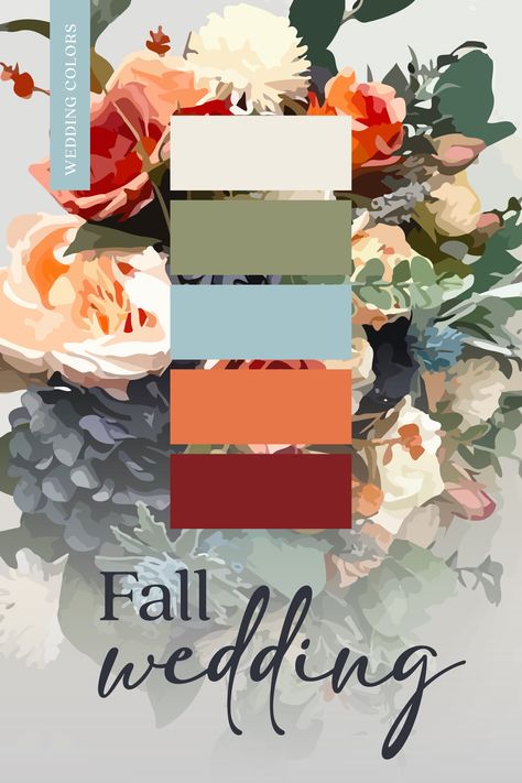 Add blue to your fall wedding color palette! 💙 Custom create your wedding ivitations with your personal graphic designer and incorporate your wedding colors! Fall Wedding Beach Colors, Muted Fall Wedding Colors, Fall Wedding Ideas Blue, Wedding Color Palette With Blue, Fall Beach Wedding Colors October, November Wedding Palette, Fall Blue Color Palette, Wedding Flower Color Palettes, Dusty Blue Fall Wedding Color Palettes