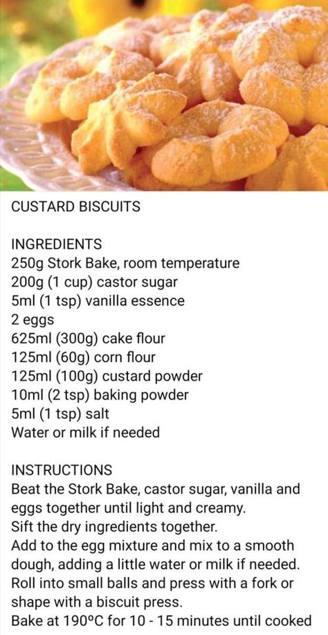 South African Biscuits Recipes, South African Cookies, Custard Biscuits, South African Desserts, Butter Cookie Recipe Easy, Custard Cookies, American Foods, Cooking Cookies, Cookie Recipes Homemade