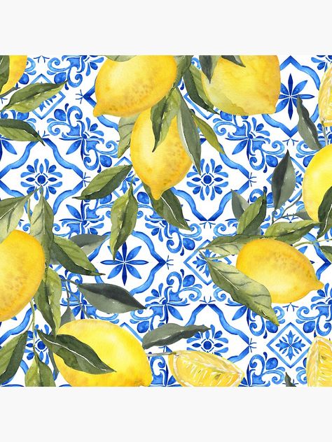 "Lemons on Blue Tiles" Sticker for Sale by Tired-Starling Italian Tiles Pattern, Paper Lavender, Glass Counter, Italian Pattern, Lemon Painting, Lemon Art, Carving Board, Lemon Patterns, Blue Tiles