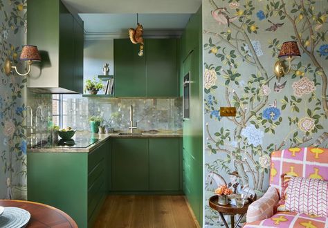 A dream Kensington flat inspired by Kit Kemp has hit the rental market | House & Garden Floral Headboard, Ham Yard Hotel, Green Headboard, Hand Painted Mirrors, Kit Kemp, Cosy Home, Galley Kitchen, Mirror Painting, Stylish Living Room