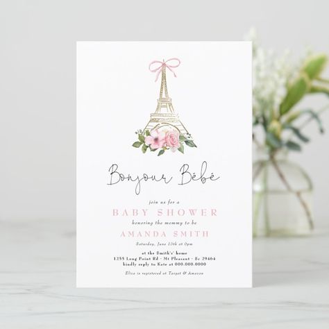 Bonjour Bebe Paris French Pink Eiffel Baby Shower Invitation  Zazzle Paris Theme Baby Shower Ideas, French Themed Baby Shower Ideas, Bonjour Bebe Shower Theme, French Baby Shower, Paris Baby Shower, Bebe Shower, French Pink, Amanda Smith, Baby Shower Invitation