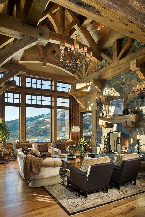 Timber frame mountain home with rustic details in Big Sky                                                                                                                                                                                 More Remodel Diy, Living Room Decor Rustic, Sala Grande, Interior Design Per La Casa, Real Estat, Rustic Home Design, Decor Quotes, Timber Frame Homes, Design Salon