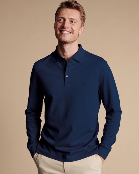 Tyrwhitt Long Sleeve Pique Polo - Navy Mens Long Sleeve Polo, Redbull Outfits, Charles Tyrwhitt Shirt, Smart Casual Shirts, Smart Jackets, Collarless Shirt, Italian Suit, Chicken Wing, Navy Blue Suit