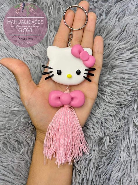 Cat Keychain Diy, Fevicryl Mouldit Ideas Keychain, Clay Crafts For Kids, Hello Kitty Keychain, Beaded Flowers Patterns, Clay Keychain, Clay Magnets, Polymer Clay Flower Jewelry, Hello Kit