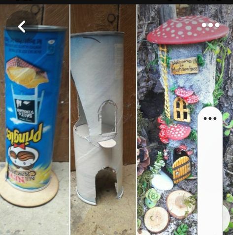 Tin Can Fairy House, Fair Houses Diy, Diy Fairy House Ideas Homemade, Fairy House Diy How To Make A, Fairy Garden Pots, Fairy House Crafts, Pringles Can, Clay Fairy House, Skip It