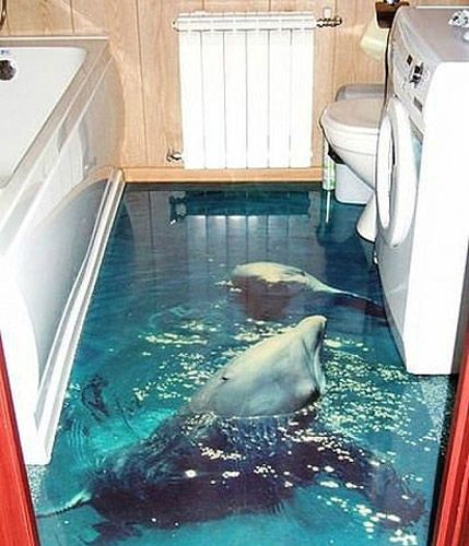 dolphins in blue water image for self leveling floor in bathroom Contemporary Flooring Ideas, 3d Floor Art, Self Leveling Floor, Epoxy 3d, Epoxy Floor 3d, Clever Bathroom Storage, 3d Flooring, Floor Graphics, Water Images