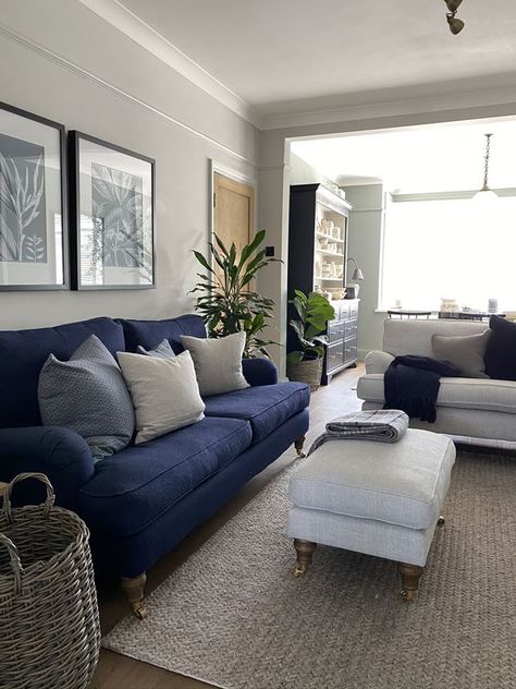 Picture of navy sofa, grey rug Navy Sofa Living Room, Sofa Interior Design, Blue Sofa Living, Blue Sofas Living Room, Living Room Color Combination, Blue Couch Living Room, House Structure, Wall Art Inspiration, Interior Design Aesthetic