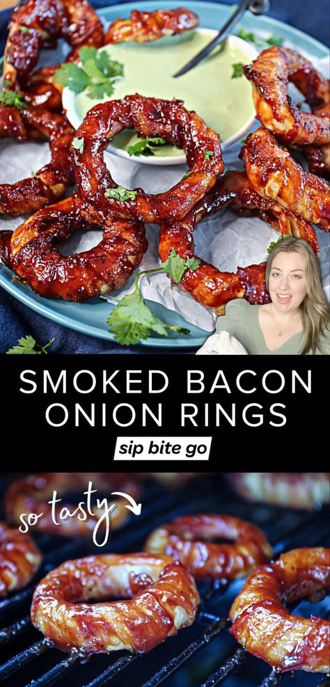 Traeger smoked bacon wrapped onion rings Smoker Appetizer, Bacon Wrapped Onion Rings, Smoker Cooking Recipes, Bacon Wrapped Onion, Pellet Smoker Recipes, Traeger Recipes, Pellet Grill Recipes, The Best Game, Smoked Cooking