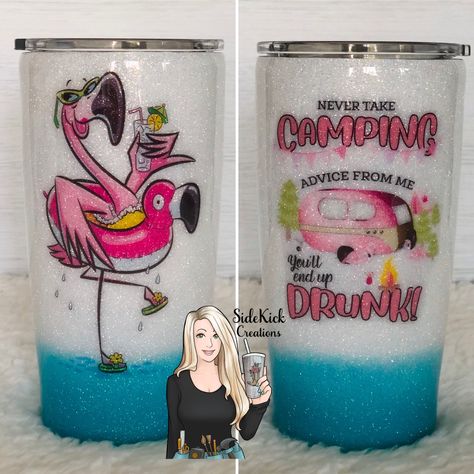 Camping Tumbler Ideas, Vacation Cups, Coffee Cup Ideas, Flamingo Tumbler, Camping Tumbler, Cricut Cups, Etsy Store Ideas, Tumbler Making, Epoxy Cups