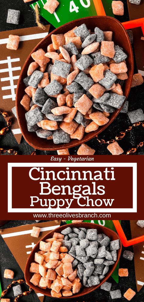 Cincinnati Bengals Desserts, Bengals Appetizers, Bengals Food Ideas, Cincinnati Bengals Food, Cincinnati Bengals Food Ideas, Football Chex Mix Recipes, Bengals Party Food, Football Puppy Chow, Football Trail Mix Super Bowl