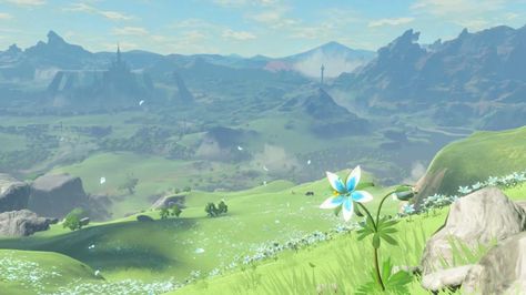 Got a screen shot right before the end popped onto screen (BoTW) Visit blazezelda.tumblr.com Zelda Botw, Zelda Art, Legend Of Zelda Breath, Zelda Breath, Breath Of The Wild, The Masterpiece, The Legend Of Zelda, Fantasy Landscape, Lush Green