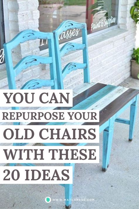 Try to reuse old chairs that are not used to complete your home decor. Use two old chairs that are no longer used to make a bench. Then you can paint it and place it on the porch so that it will become a simple and attractive piece of furniture. #chairrepurpose #DIYchair #repurposefurniture Painting Old Chairs, Wooden Chair Makeover, Painted Chairs Diy, Upcycled Dining Chairs, Make A Bench, Painted Wooden Chairs, Painted Wood Chairs, Upcycle Wood, Dining Chair Makeover