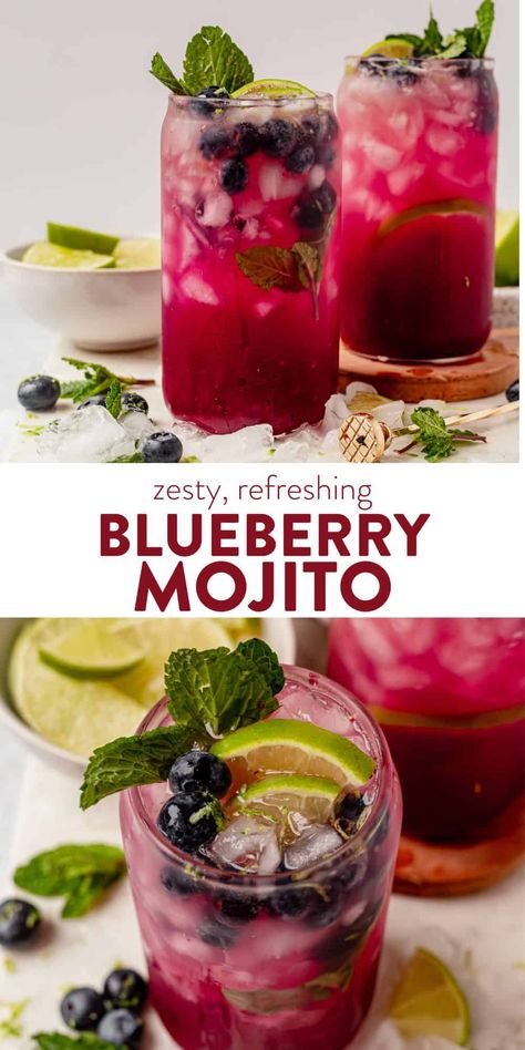 This simple blueberry mojito is a fresh and fruity take on the classic mojito recipe and will be one of your new favorite cocktails. The homemade blueberry ginger simple syrup, mint, fresh lime juice, and ginger create a zesty, vibrant, refreshing cocktail. Blueberry Liquor, Fresh Summer Cocktails, Blueberry Mojito Recipe, Blueberry Mojito, Virgin Mojito, Drinks Table, Mojito Cocktail, Refreshing Cocktail, Mojito Recipe