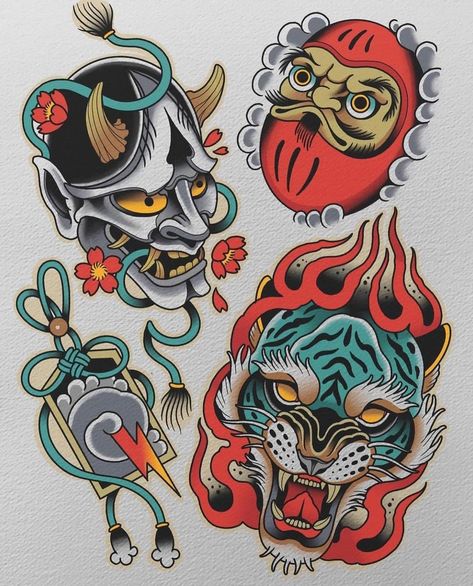 japanese tattoo designs Neo Traditional Tattoos Japanese, American Traditional Japanese Tattoo, Neo Trad Flash Sheet, Neo Traditional Flash Tattoo, Neo Traditional Flash Sheet, Meaningful Japanese Tattoos, Traditional Samurai Tattoo, Old School Japanese Tattoo, Neo Japanese Tattoo Designs