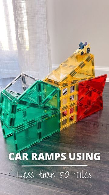 Magma Tiles Ramp, Magnatiles Car Track, Car Ramp With Magnatiles, Ramp With Magnatiles, Magnetiles Car Ramp, Magnetic Tiles Car Ramp, Magna Tile Ramp, Magnetiles Idea, Magnet Tile Ramp