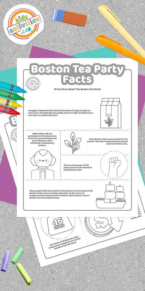 Learning about history is so much fun with coloring pages, that's why we're sharing these printable Boston Tea Party facts for kids & adults. Boston Tea Party Activities, Boston Tea Party, London Tea, Boston Tea, British Tea, Time Worksheets, About History, Facts For Kids, Grade 5