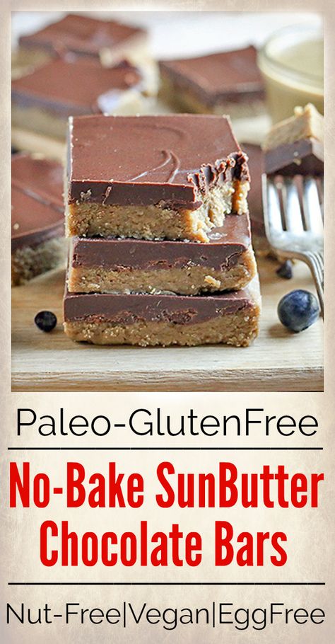 These Paleo No-Bake Nut-Free SunButter Chocolate Bars are so easy to make and totally irresistible. Soft, melt-in-your-mouth good and made healthy! They only contain 6 ingredients and are dairy free, gluten free, egg free, and vegan! #paleo #glutenfree #nutfree #eggfree #vegan | realfoodwithjessica.com via @realfoodwithjessica Paleo Recipes Dessert, Dairy Free Gluten Free, Gluten Free Egg Free, Paleo Sweets, Desserts Vegan, Gluten Free Desserts Recipes, Paleo Chocolate, Dairy Free Chocolate, Free Snacks