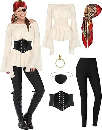 CICOCI Pirate Costume For Women With Accessories Renaissance Blouse Top Belt Headscarf Full Outfits Pirate Costume For Women, Diy Pirate Costume For Women, Medieval Dress Peasant, Pirate Vest, Pirate Dress Up, Pirate Costume Diy, Irish Dress, Female Pirate Costume, Halloween Board