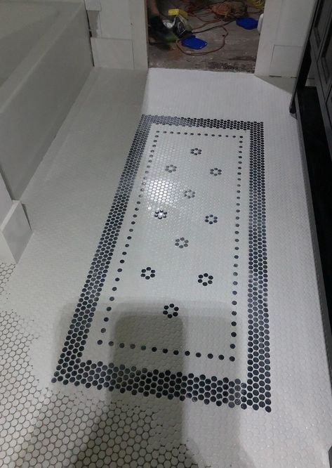 Laying a Tile Rug for the Flip House Bathroom - Beneath My Heart Penny Tile Rug, Tile Area Rug Inlay, Penny Tile Rug Pattern, Penny Tiles Bathroom, Penny Tiles, Golf House, Bathroom Revamp, Black And White Tiles Bathroom, Flip House