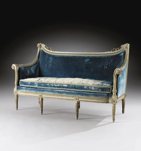 (#39) A LOUIS XVI CARVED GREY-PAINTED CANAPÉ, CIRCA 1785, ATTRIBUTED TO GEORGES JACOB | Neo Classic Furniture, Bergere Armchair, Louis Xvi Furniture, 6 July, 18th Century Paintings, Swedish Furniture, French Style Furniture, Beautiful Sofas, Antiques For Sale