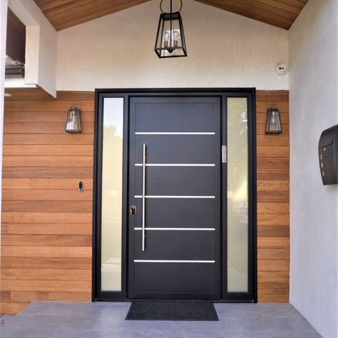 Electra Aluminum Series Entry Door.
Featured with a stainless steel brushed pull bar and double paned glass (sidelights).
Unit is fully assembled, pre hung and custom built. Villa Entrance, Modern Entry Doors, Modern Entry Door, Steel Entry Doors, Steel Front Door, Metal Doors Design, Modern Entry, Doors Design, Metal Doors