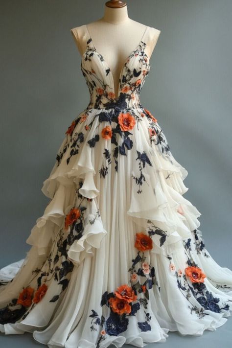 Vinatge Wedding Dresses V Neck 3D Florals Tiered Backless A Line Bridal Gowns | eBay Monstera Wedding Dress, Oaxaca Wedding Dress, Orange Wedding Dress The Bride, Real Flower Dress, Wedding Dress Mexican, Phoenix Wedding Dress, Intricate Dress, Beautiful Fall Dresses, Rustic Dress