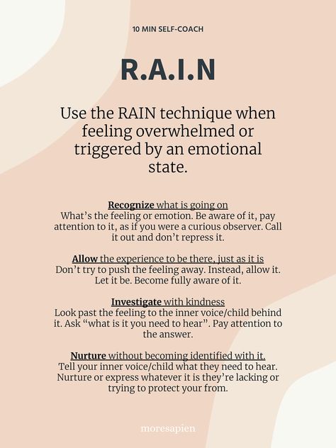 Self Healing Techniques, Rain Technique Mindfulness, What To Do When You Feel Unloveable, Rain Method, How To Feel Your Feelings, Rain Technique, Therapy Reflection, Self Soothing Techniques, Feeling Self Conscious