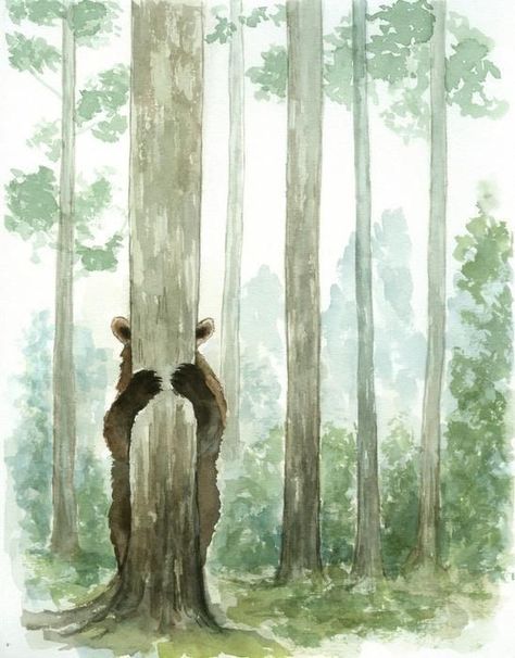 Forest With Animals Drawing, Monochromatic Painting Watercolors, Watercolor Painting Forest, Watercolor Art Forest, Simple Forest Drawing, Bear Art Drawing, Forest Animals Drawing, Forest Animal Painting, Bear In Forest