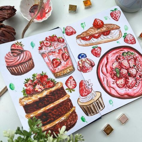 Dessert Art Painting, Gouache Food Illustration, Drawings Of Cupcakes, Foodie Art Watercolor, Food Artwork Illustration, Food Gouache Painting, Gouache Strawberry, Gouache Food, Aesthetic Art Journal