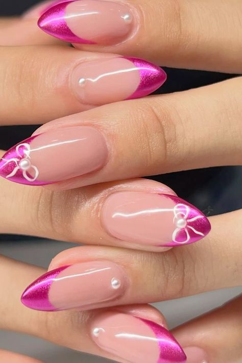 Nail Ideas Pink, Pink French Tip Nails, Pink Stiletto Nails, Pink French Tip, Hoco Nails, Pink Chrome Nails, Squoval Nails, Summery Nails, Basic Nails