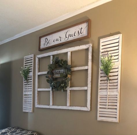 Giant Wall Clock Decor Living Rooms, Living Room Wall Collage Farmhouse, Window Shutters Decor Ideas, Shutter Interior Decor, Shutters As Wall Decor, Shutter Wall Decor Ideas Living Rooms, Shutter Decor Ideas Farmhouse Style, Diy Shutters Indoor Wall Decor, Big Wall Decor Living Room Modern