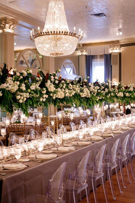 Classic, elegant winter wedding - Aisle Society Winter Wedding Venue Decorations, White Winter Wedding Flowers Centerpieces, Winter Ballroom Wedding, Suspended Centerpieces, Winter Wedding Ballroom Decor, Wedding Classic Elegant, Winter Wedding Floral Installation, Wedding Centerpieces Elegant, Wolf Wedding