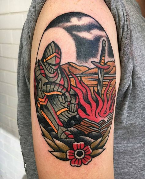 warm knight Retro Fantasy Tattoo, Traditional Dark Souls Tattoo, American Traditional Knight Tattoo, Knight Tattoo Traditional, Fantasy Traditional Tattoo, Knight Traditional Tattoo, Medieval Traditional Tattoo, Medieval Knight Tattoo, Traditional Knight Tattoo