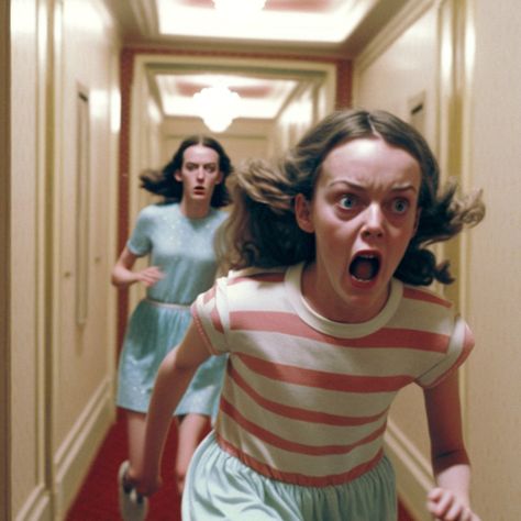 Digital Illustration generated with AI, inspired by The Shining movie.  Two scared girls running towards camera in a hotel with moody lighting and pastel colors. Running Towards Camera, Running Scared, Running Towards Camera Reference, Run Illustration, Zombies Run, Running Illustration, Running Pose, Person Running, Movie Wall Art