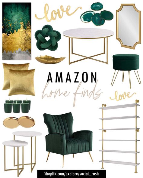 Modern Glam Amazon Home Finds Emerald Green Gold And Silver Living Room, Jade Green Living Room Decor, Green Gold Living Room Decorating Ideas, Emerald Green Living Room Accents, Gray White Gold Green Living Room, Glam Green Bedroom, Black White Gold Green Office Decor, Emerald And Blue Living Room, Gold And Emerald Living Room