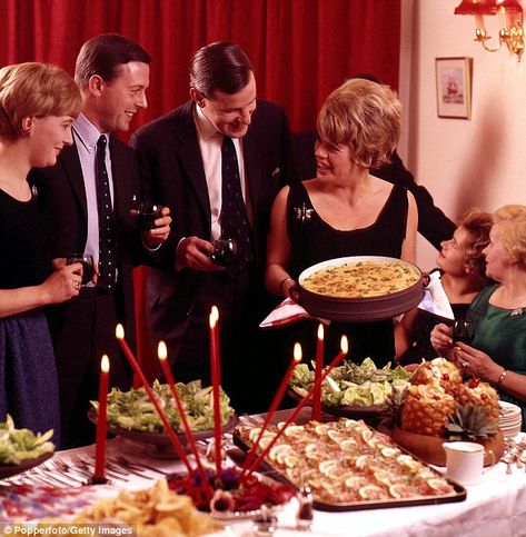 When frankfurters, fondue and hostess trolleys were in fashion: Hilariously naff dinner party photos reveal the way we used to dine 1970s Fondue Party, 1960s Dinner Party, 70s Dinner Party Table Settings, 60s Dinner Party, Vintage Dinner Party, 70s Dinner Party, Hostess Trolley, Come Dine With Me, Fondue Party