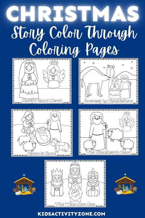 Celebrate the birth of our Savior with these free Color Through Christmas Story Coloring Pages! This set of free printable nativity coloring pages will help teach kids the true meaning of the seasoning. Nativity Colouring Printables, Christmas Stories For Kids Printable, Story Of Christmas For Kids, Nativity Story For Kids Free Printable, Nativity Coloring Pages Printables Free, Free Nativity Coloring Pages, Christmas Story Coloring Pages, Christmas Nativity Coloring Pages, Christian Christmas Crafts For Kids