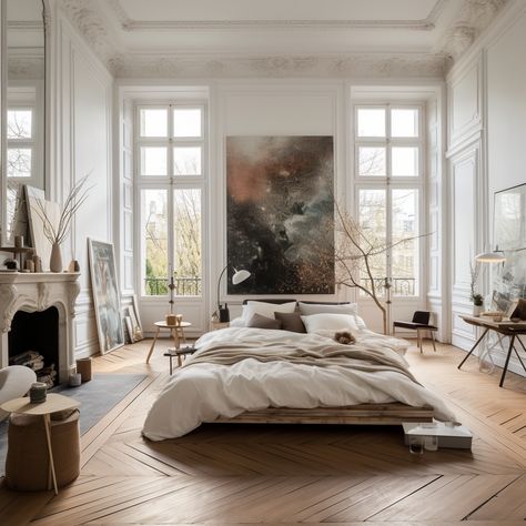 Parisian Bedroom Aesthetic Modern, Vintage Parisian Bedroom, Parisian Bedroom Vintage, Bedroom Paris Aesthetic, Parisian Modern Bed, Parisian Bedroom Aesthetic, Parisian Room Decor, Parisian Bedroom Ideas, Modern Parisian Bedroom