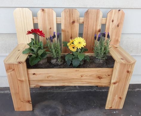 Woodworking For Beginners | A bench style flower bed I made out of fence pickets. Craft Bench, Picket Projects, Diy Wood Planter Box, Diy Wood Planters, Garden Bench Plans, Painted Pavers, Planter Box Plans, Diy Wood Bench, Fence Picket