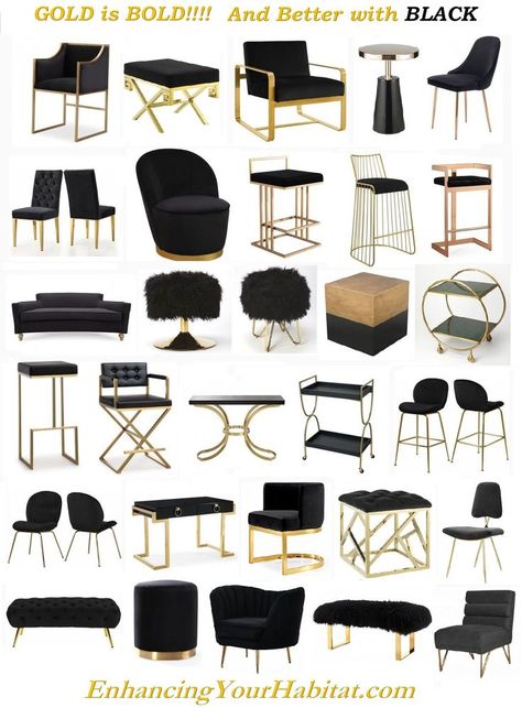 #modern home accent, #Black #& #Gold  Black & Gold Furniture Black & Gold Home Accessories Black Velvet and Gold Metal Furniture Black and Gold Barstools dining chairs lounge chairs counter stools console table accent table footstool bench ottoman desk bar cart sofa mid century glam modern eclectic chic tufted Black Gold Furniture, Gold Barstools, Black And Gold Living Room, Black Gold Bedroom, Desk Bar, Gold Bedroom Decor, Gold Home Accessories, Eclectic Chic, Chairs Lounge