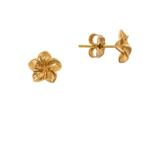 14k Yellow Gold Plumeria Flower Post Earrings With Push-Friction Butterfly Back Image Enlarged To Show Detail. Weight/Sizes Approximate Made In The U.S.A. Post Earrings, Plumeria Flower 7.2mm X 7.2 Mm 0.8 Grams Mcqgte724 Asian Gold Earrings, Body Jewelry Diy, Beachy Earrings, Crystal Jewelry Necklaces, Gold Flower Earrings, Earring Inspo, Flower Earrings Gold, Music Jewelry, Golden Jewelry