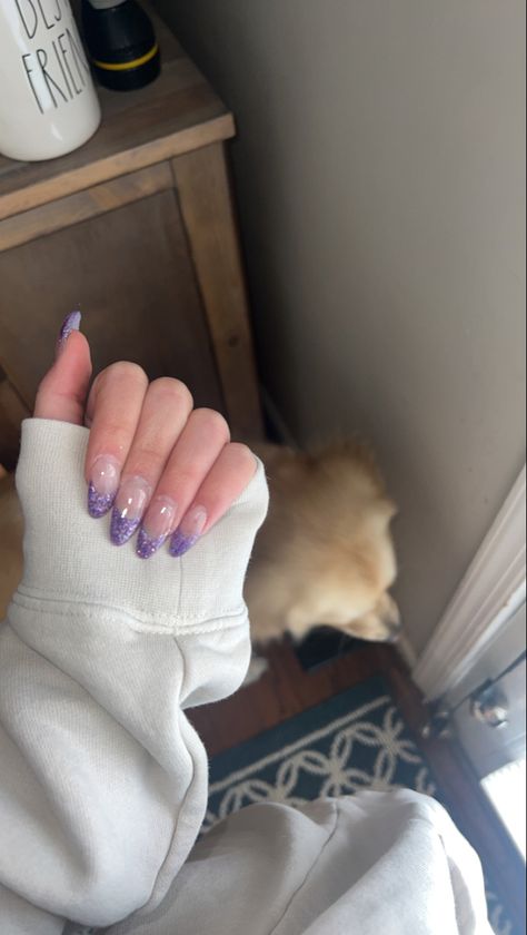 Sparkly Purple French Tip Nails, Prom Nails Purple, Nails Purple French, French Tips With Glitter, Purple French Tip Nails, Purple French Tips, Sparkly French Tips, Purple French Tip, Glitter French Tip