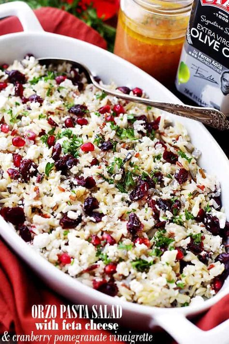 Orzo Pasta Salad with Feta Cheese and Cranberry Pomegranate Vinaigrette Recipe | Diethood Pasta Salad With Feta Cheese, Pasta Salad With Feta, Best Christmas Dinner Recipes, Cheesy Orzo, Salad With Feta Cheese, Winter Flavors, Pomegranate Vinaigrette, Cranberry Pomegranate, Feta Pasta Salad