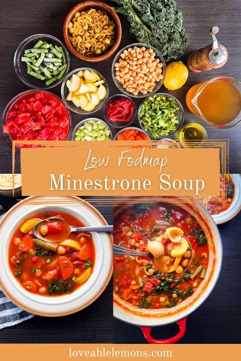 Enjoy a steaming bowl of Low FODMAP Minestrone Soup. It is full of FODMAP friendly vegetables, garbanzo beans, and gluten free noodles. It is perfect for anyone on a low FODMAP diet. It is also gluten free and vegetarian. This soup is a perfect addition to a weekly meal plan as a meatless recipe option during soup season. The whole family will love it. It is a flexible recipe that uses whatever leftover vegetables are in the refrigerator. Low Fodmap Vegetarian, Vegetarian Minestrone Soup, Low Fodmap Vegetables, Leftover Vegetables, Fodmap Meal Plan, Fodmap Friendly Recipes, Low Fodmap Snacks, Fodmap Snacks, Low Fodmap Diet Recipes