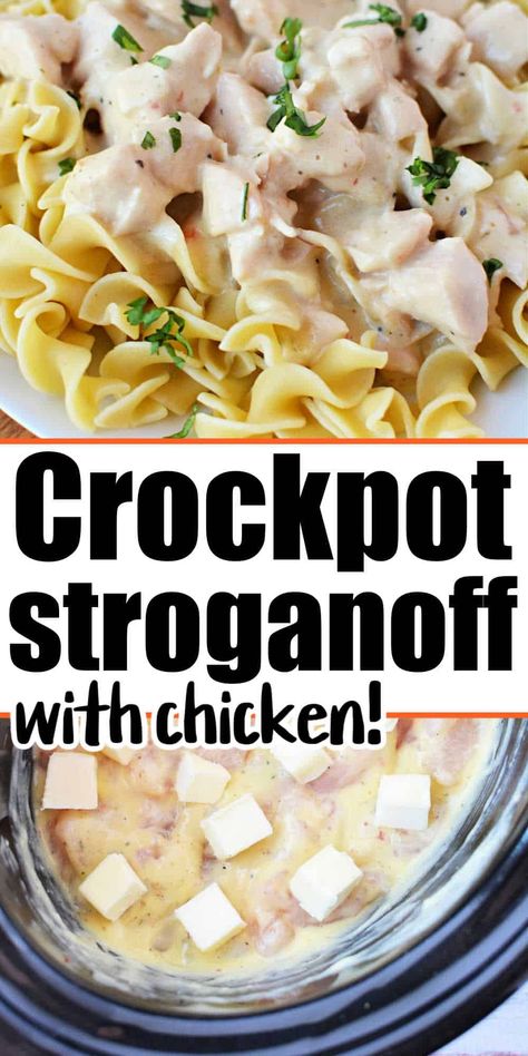 Slow cooker chicken stroganoff with cream cheese and cream of mushroom or chicken condensed soup turns out great served over egg noodles. Cream Of Mushroom Crockpot, Stroganoff With Cream Cheese, Recipes Egg Noodles, Mushroom Crockpot, Hamburger Helper Beef Stroganoff, Chicken Cream Of Mushroom, Slow Cooker Chicken Stroganoff, Frozen Chicken Crockpot, Crockpot Cabbage