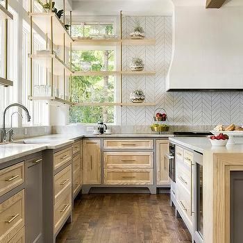 Marble and Brass Kitchen Shelves in Front of Windows Chevron Backsplash, Glam Kitchen, Kitchen Shelving, Apartment Deco, Gorgeous Homes, Condo Design, Kitchen Fun, Farmhouse Kitchen Cabinets, Happy Kitchen