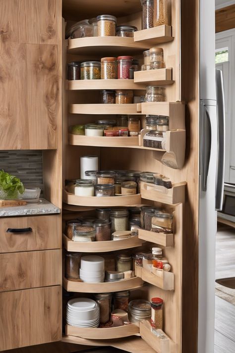 Organized pantry with wooden shelves holding jars of spices, grains, and canned goods. Smart Storage In Kitchen, Small Space Kitchen Pantry, Micro Pantry, Pantry Cabinets In Kitchen, Pantry Cabinet Organization Ideas, Pantry Cabinet Organization, Pantry Storage Solutions, Small Pantry Cabinet, Amazing Pantry