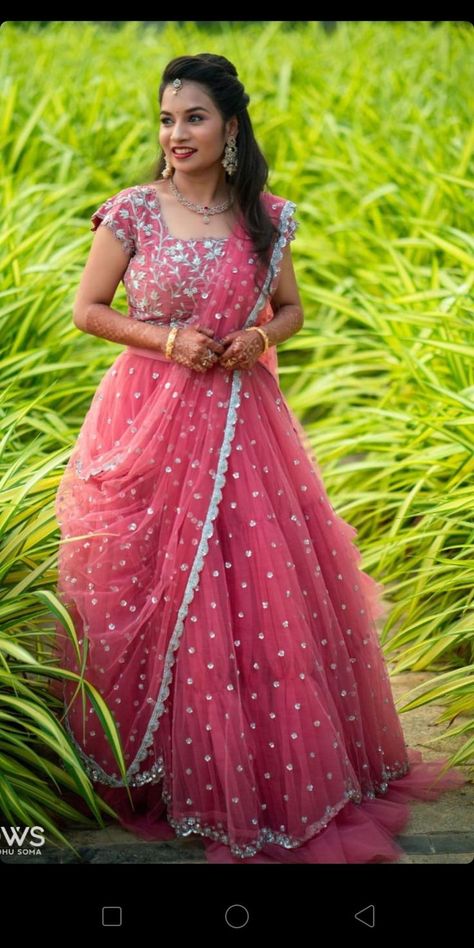 Netted Half Saree Designs, Net Half Saree Designs, Pink Half Sarees, Frock Designs, Lehenga Saree Design, Long Frock Designs, Half Saree Lehenga, Long Gown Design, Wedding Lehenga Designs